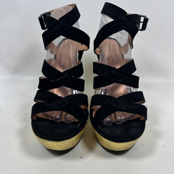 MARC BY MARC JACOB Sandals 40 Suede 5" Block Heels Platform Black Gold - Picture 6 of 16